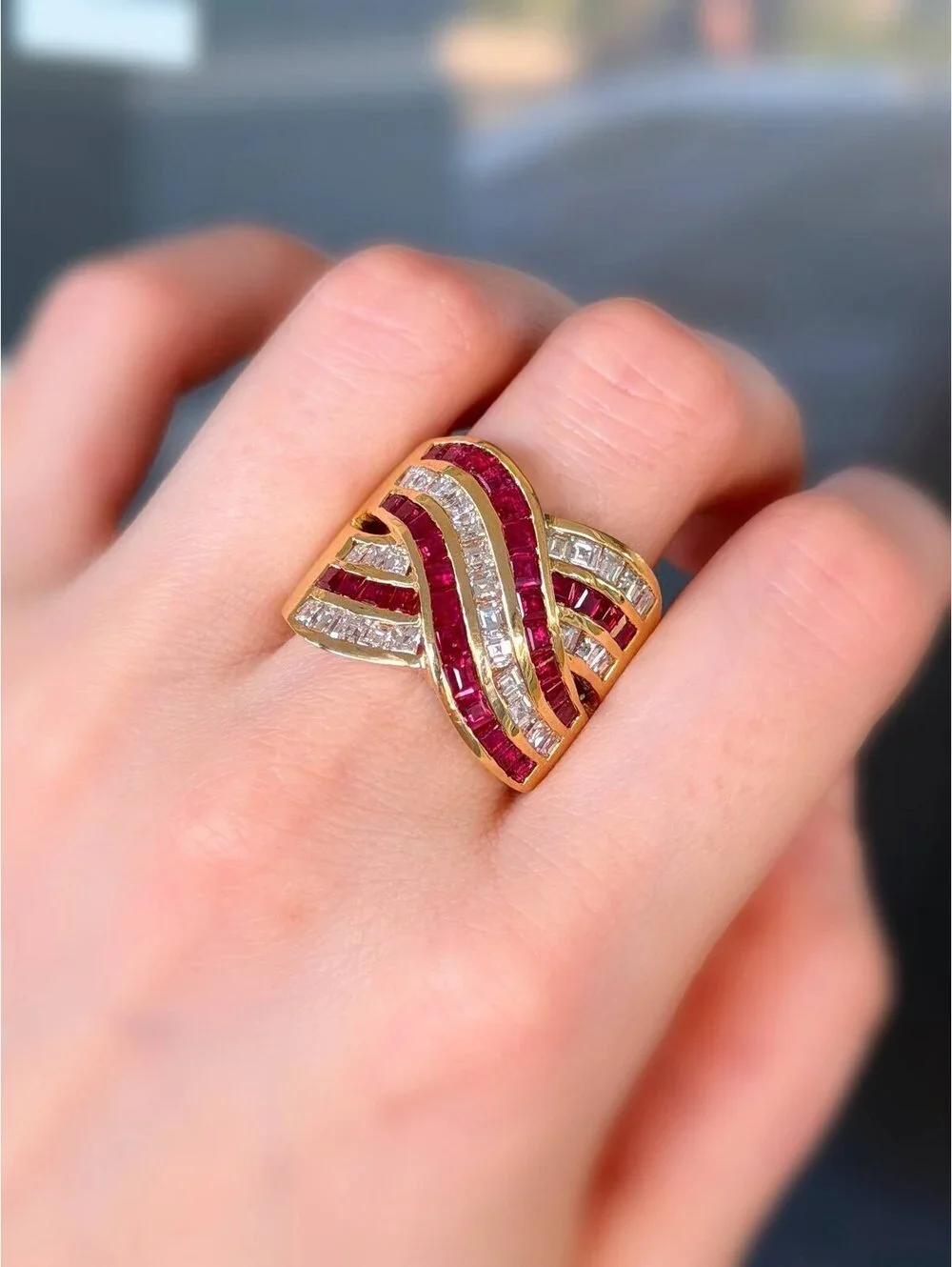 18k Yellow Gold Princess Cut Natural Diamond Ruby Crossover Cocktail Ring Sz 8